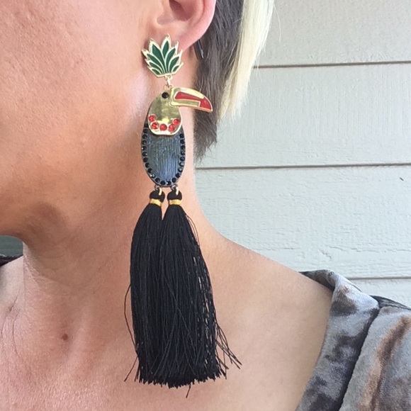 Black Parrot πΊ Tassel Statement Jeweled Earrings - Picture 8 of 8